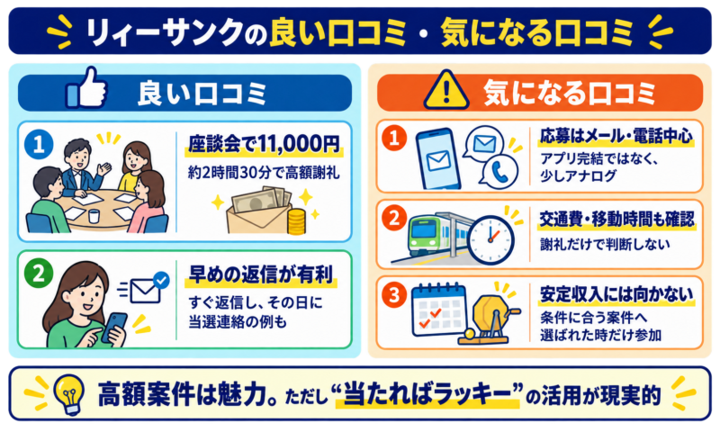 リィーサンクの良い口コミと気になる口コミを比較したインフォグラフィック