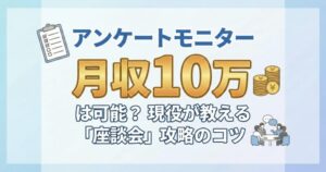 アンケートモニターで月収10万円を稼ぐための座談会攻略と収益内訳のイメージ