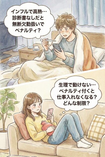 タイミーでインフルエンザや生理などの体調不良により、診断書なしでキャンセルした際のペナルティや利用制限を心配する男女のイラスト