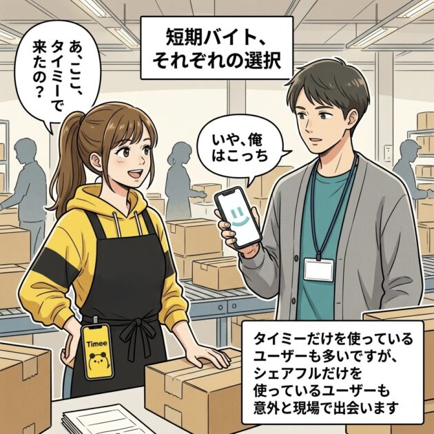 タイミー、シェアフル、どちらか１つだけを使っている人が多いイラスト