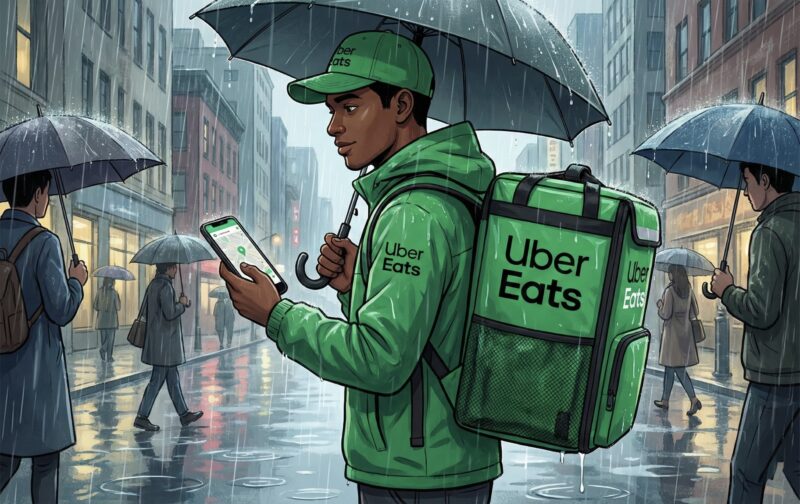 ウーバーウォーカーで雨の日に配達する人