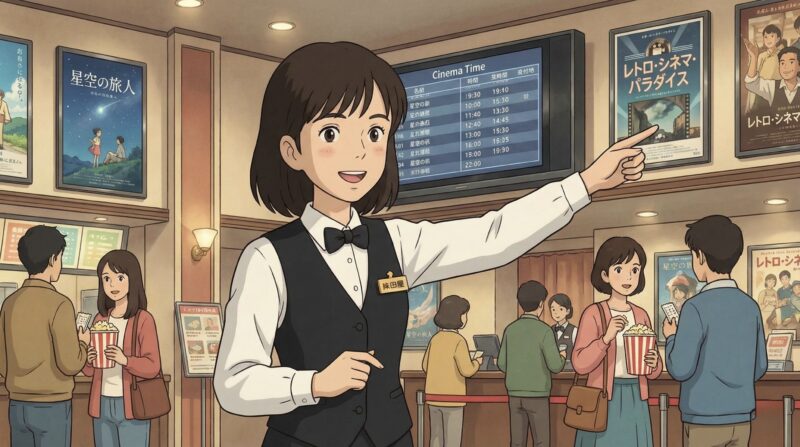 映画館バイトは楽でおすすめという記事のイメージイラスト。笑顔でスクリーンへ案内をする女性スタッフの様子。