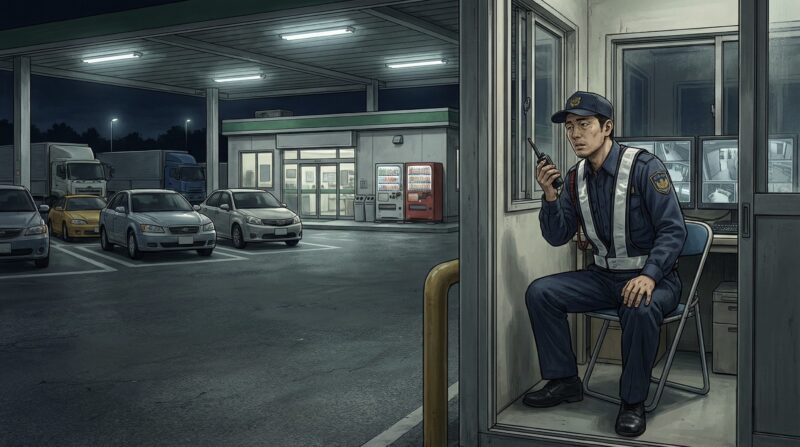 駐車場の監視バイトが楽でおすすめという記事のイメージイラスト。夜のパーキングエリアの詰所で、制服を着た男性警備員が椅子に座り、落ち着いた様子でモニターを監視している。