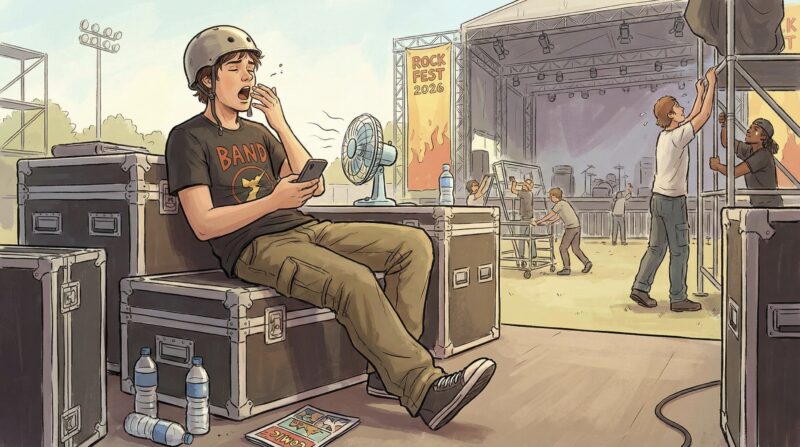 イベント設営バイトは楽でおすすめという記事のイメージ。ライブ会場の現場で、他のスタッフが働く中、機材ケースに座ってあくびをし、スマホを見てサボっている男子大学生のイラスト。