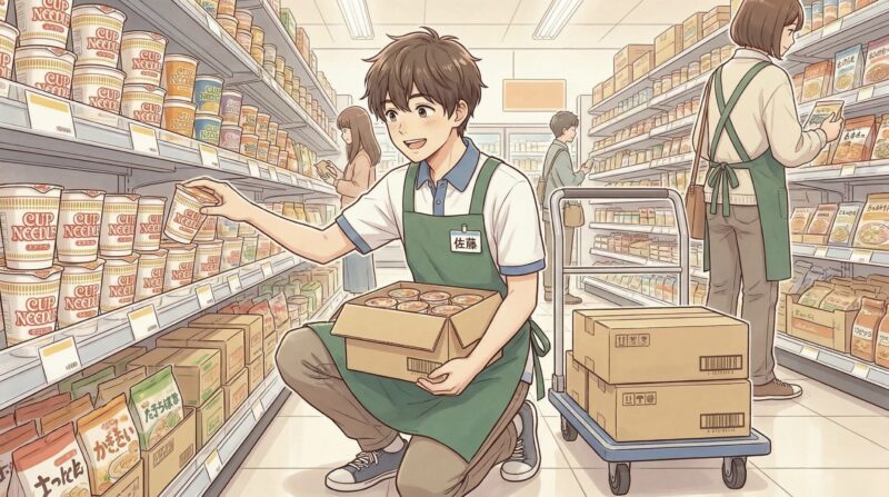 スーパーの品出しバイトが楽でおすすめという記事のイメージイラスト。笑顔でインスタント麺を棚に補充している男子大学生の様子。
