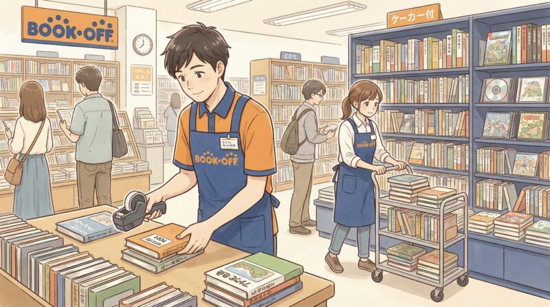 タイミーのブックオフバイトは楽でおすすめ。「値札シール貼り」と「商品補充」をする店員のイラスト