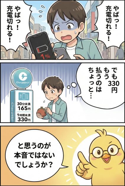 スマホの充電が切れそうでチャージスポットの330円を払うか悩む男性と、無料の裏ワザを教える私の漫画イラスト