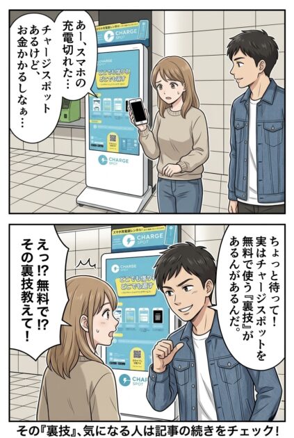 スマホの充電が切れそうでチャージスポットの330円を払うか悩む男性と、無料の裏ワザを教える女性のマンガ