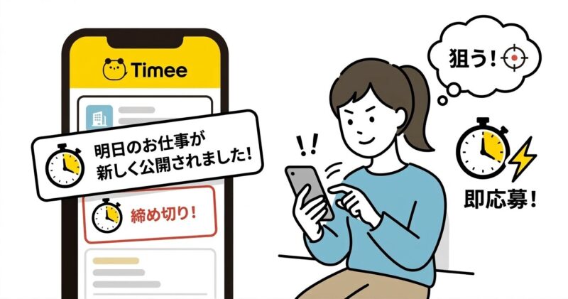 タイミーの「締切ばかり」を解決！人気求人を確実に取るための3つの裏技を示すイラスト