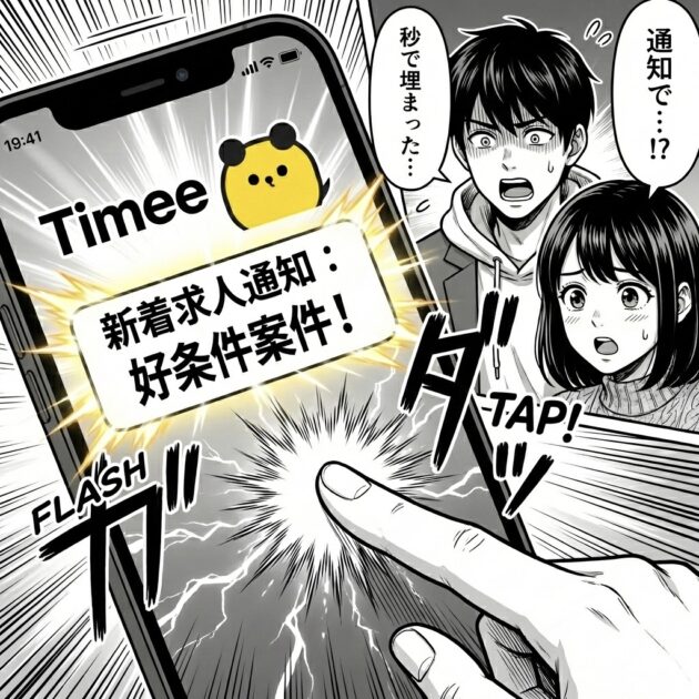タイミーの人気求人が通知機能によって瞬殺される様子を描いた漫画イラスト。「新着求人」の通知が来た瞬間に光速でスマホをタップする指と、その衝撃波のエフェクトで早押し競争の激しさを表現。