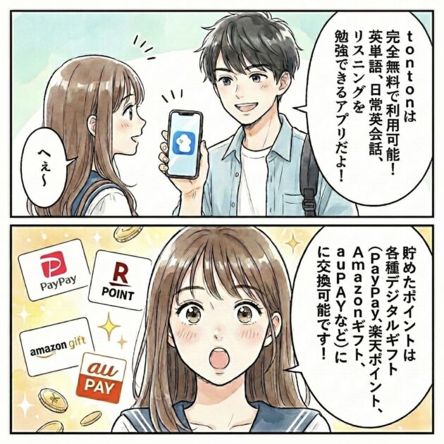 英語学習アプリ「tonton」の特徴を紹介する2コマ漫画。1コマ目：男子大学生がスマホのアイコン（青い雲のキャラクター）を見せながら「tontonは完全無料で利用可能！英単語、日常英会話、リスニングを勉強できるアプリだよ！」と女子学生に説明している。2コマ目：女子学生が驚き喜ぶ様子で、「貯めたポイントは各種デジタルギフト（PayPay、楽天ポイント、Amazonギフト、auPAYなど）に交換可能です！」という説明が入る。背景にはPayPayなどのギフトアイコンが描かれている。