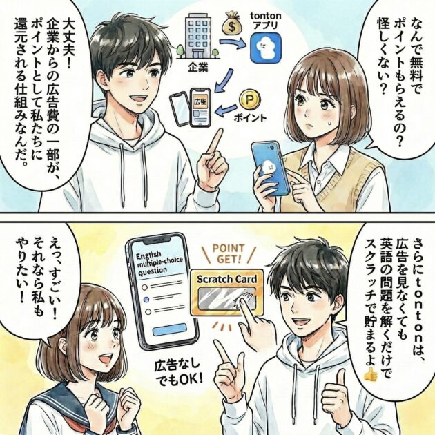 tontonアプリのポイント還元の仕組みと特徴を解説する2コマ漫画。1コマ目：女子学生が「なんで無料でポイントがもらえるの？」と尋ね、男子学生が「企業からの広告収益の一部がユーザーにポイントとして還元される仕組み」を図解を交えて説明している。2コマ目：男子学生が「tontonは広告を見なくても、英語の問題を解くだけでスクラッチがもらえてポイントが貯まる」と独自の機能を紹介し、女子学生が喜んでいるシーン。