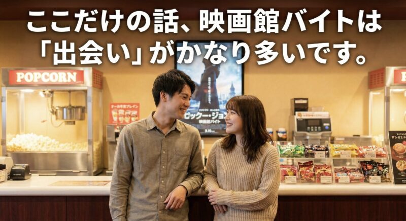 「ここだけの話、映画館バイトは「出会い」がかなり多いです。」というテキストと共に、映画館の売店前で笑顔で見つめ合う大学生カップルを描いた画像