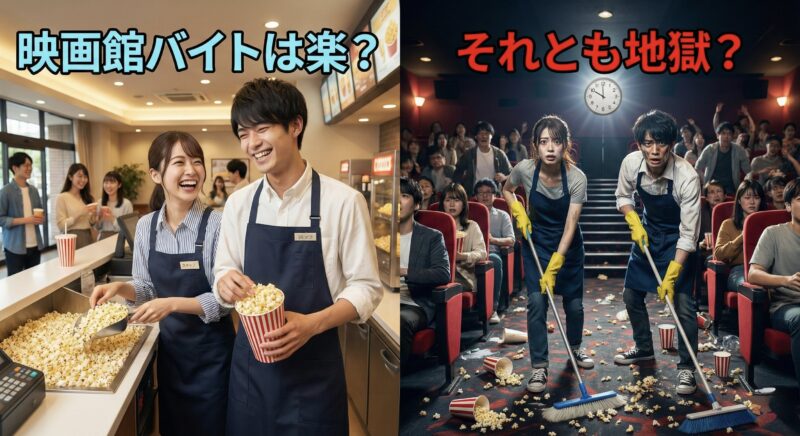 「映画館バイトは楽？それとも地獄？」という質問テキストと、楽しそうにポップコーンを作る様子と、散らかった客席を必死に掃除する様子を左右で対比させた映画館アルバイトの評判比較画像