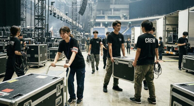 ライブイベントの会場で機材搬入や設営のバイトをする大学生のイラスト