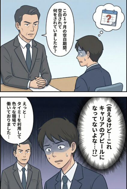 採用面接で「この1ヶ月の空白期間、何をされていましたか？」と聞かれ、冷や汗をかきながら「タイミーを利用して働いていた」と答える男性。心の中で「（言えるけど…これキャリアのアピールになってないよな…！？）」と焦りを感じているマンガイラスト。