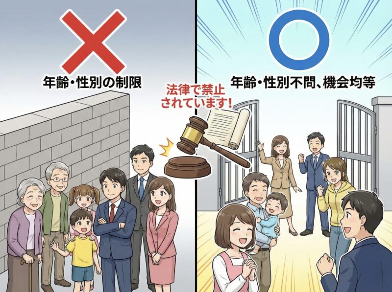 労働基準法や男女雇用機会均等法により求人の年齢・性別制限は禁止
