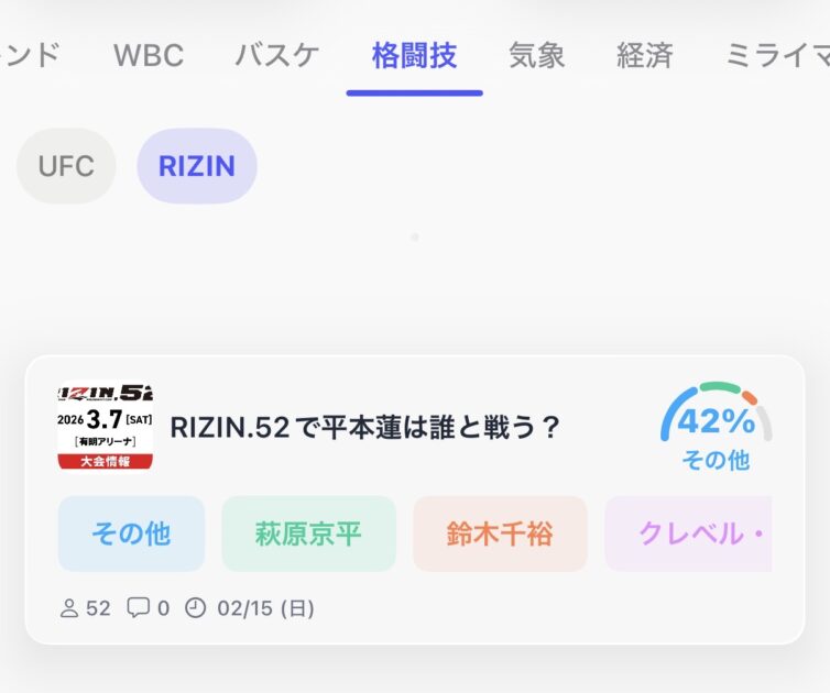 ミライマの格闘技勝敗予想画面。