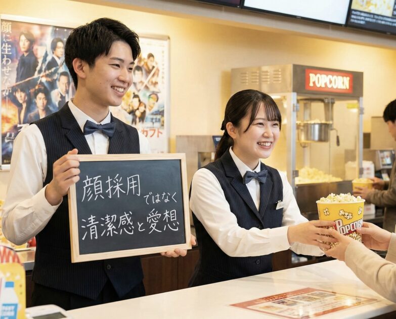 映画館内を背景に「顔採用 ではなく 清潔感と愛想」という文字が入った画像