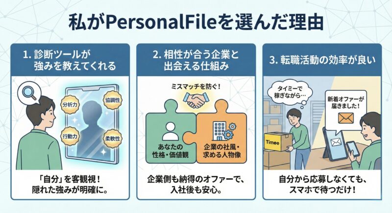 私が相性転職PersonalFileを選んだ3つの理由。「診断ツールでの強みの客観視」「相性が合う企業とのマッチングによるミスマッチ防止」「タイミーで働きながら待つだけで良い効率的なオファー機能」を解説した図解。