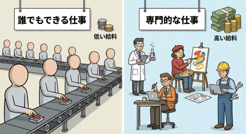 「誰でもできる仕事」と「専門的な仕事」の給料の違いを比較したイラスト。代替可能な単純作業は低賃金、専門スキルが必要な業務は高賃金であることを対比させている。