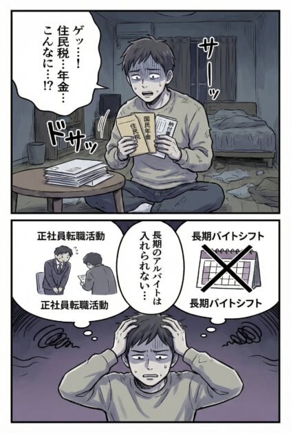 転職活動中の空白期間、住民税と国民年金の納付書を見て「こんなに…！？」と青ざめる男性のマンガ。「正社員の転職活動があるから長期のアルバイトシフトは入れられない」と頭を抱えて悩んでいるイラスト。