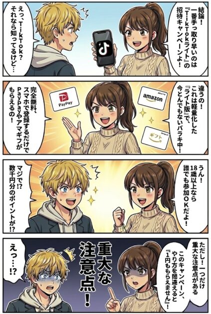 金欠の学生がTikTok Liteの招待キャンペーンで即3000円を稼ぐ方法と、失敗しないための注意点を解説した縦読み4コマ漫画。
