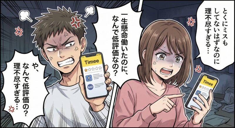 タイミーで一生懸命働いたのに理不尽な低評価（バッド）をつけられて怒っている男女のイラスト