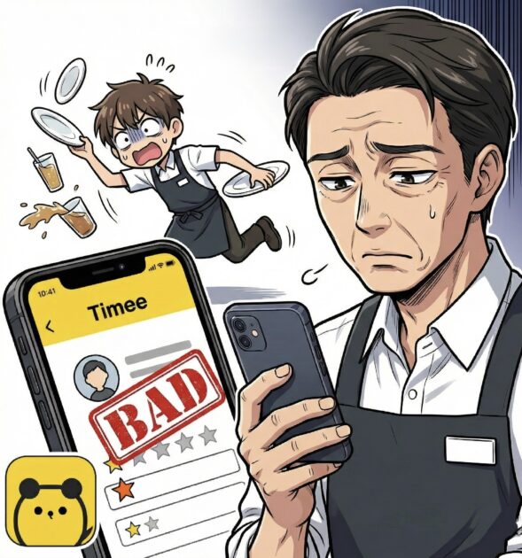 タイミーで仕事ができず「使えない(USELESS)」と店長からBAD評価を付けられているアルバイトのイラスト