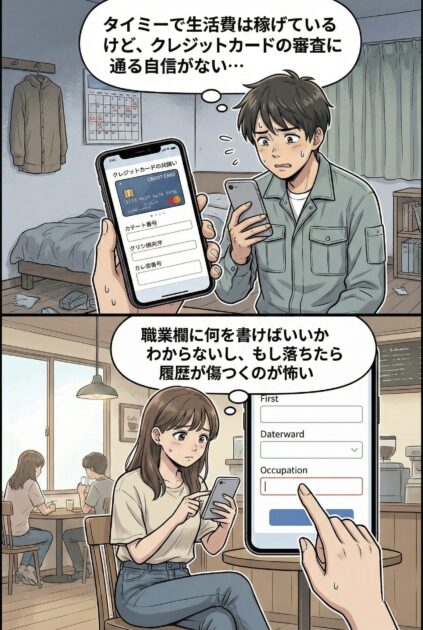 タイミーのスキマバイト収入だけでクレジットカード審査に通るか不安な男女のイラスト