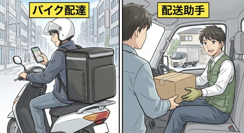 タイミーでデリバリーや配送助手のバイトをする大学生のイラスト