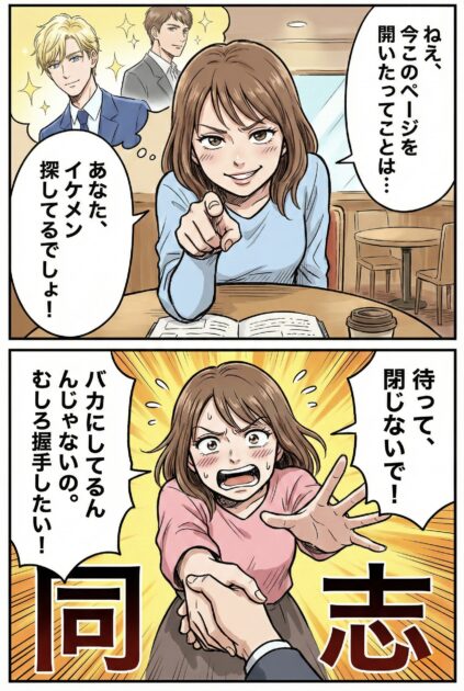 「タイミー イケメン」と検索した女性が、同じ目的を持つ読者（同志）に共感し、握手を求める様子を描いた2コマ漫画。