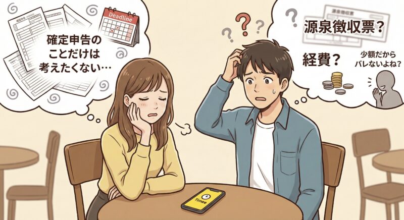 タイミーの確定申告が「めんどくさい」「少額だからバレない？」と悩む男女のイラスト。頭の中には源泉徴収票や経費、締め切りの不安が渦巻いている様子。
