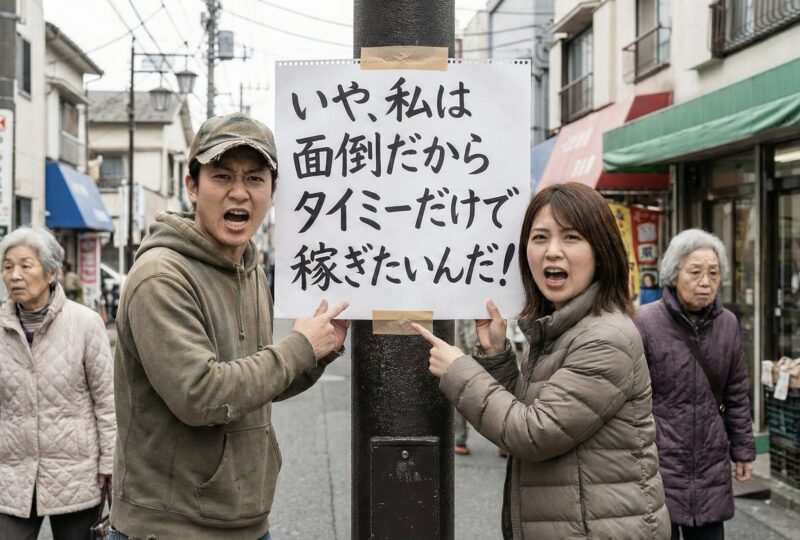 いや、私は面倒だからタイミーだけで稼ぎたいんだ！」という叫ぶ男女の様子。