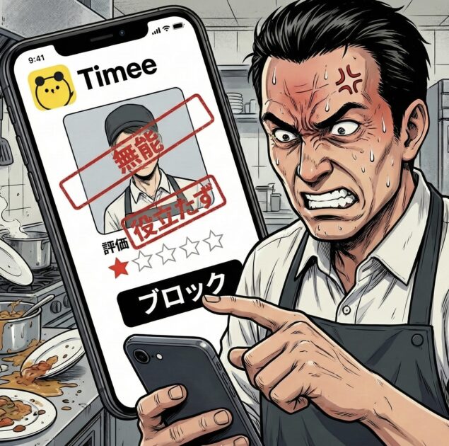 タイミーで仕事ができないワーカーを、店長がアプリ上でブロックしているイラスト