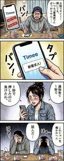 大阪でタイミーの仕事が見つからず絶望する男女のイラスト