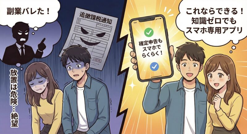 確定申告の放置による「副業バレ」や「追徴課税」のリスクに絶望する男女と、その解決策としてスマホの確定申告アプリを見つけて希望を持つイラスト。
