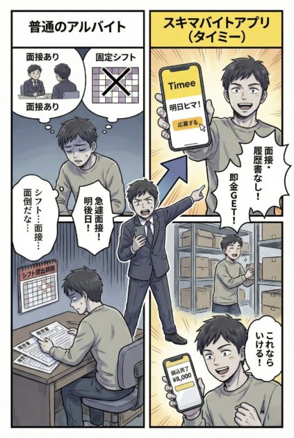 転職活動における「普通のアルバイト」と「タイミー」の比較マンガ。シフト調整や面接が必要な通常のバイトに対し、タイミーなら履歴書不要・面接なし・即金で、急な採用面接が入っても柔軟に働けるメリットを描写したイラスト