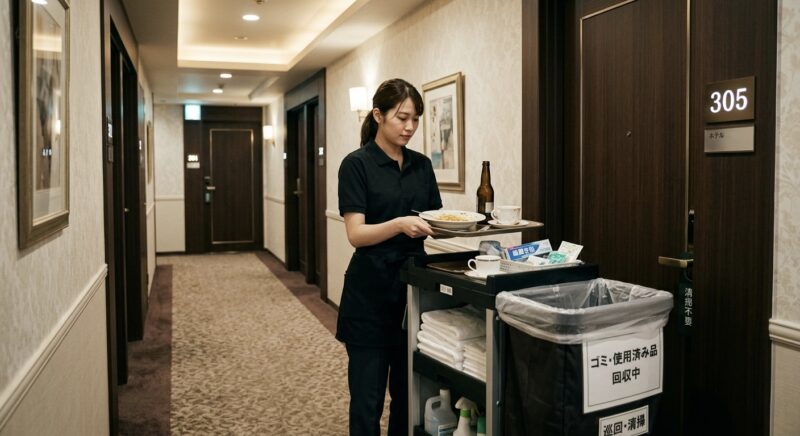 ラブホテルの各フロアを巡回し、ルームサービスの空き食器や使用済みアメニティを回収する様子