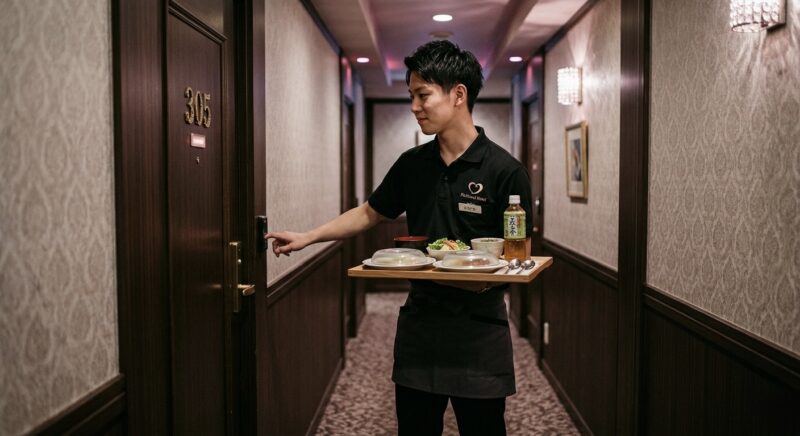 ラブホテルの客室にルームサービスの食事を届ける様子
