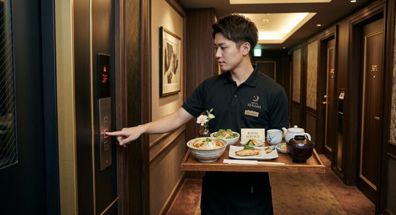 ルームサービスの食事を持ちながら、エレベーターのボタンを押す様子