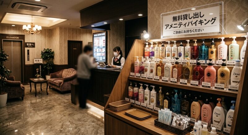 ラブホテルのロビーに設置された無料シャンプーやボディソープの貸し出しコーナー