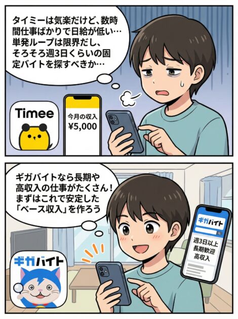 タイミーの単発ループに限界を感じて、ギガバイトで固定バイトを探す2コマ漫画