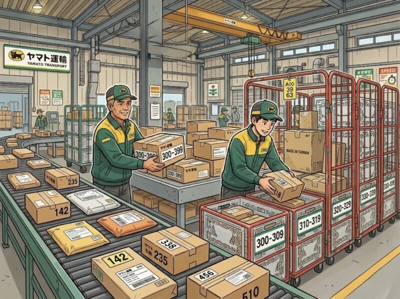 タイミーでヤマト運輸の仕分けバイトをやっている風景イラスト