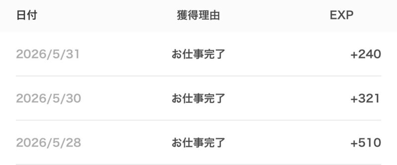 タイミーの仕事完了で240・321・510EXPを獲得した履歴