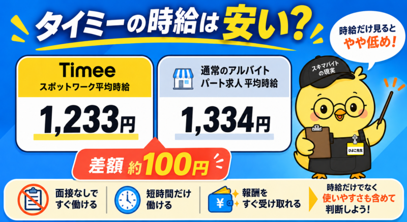 タイミーの平均時給1,233円と通常アルバイト1,334円を比較した図解