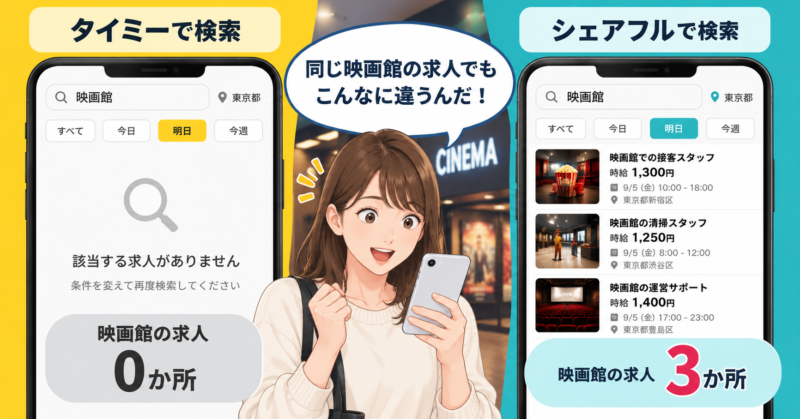 タイミーとシェアフルの映画館求人を比較した結果タイミー0か所シェアフル3か所だった例