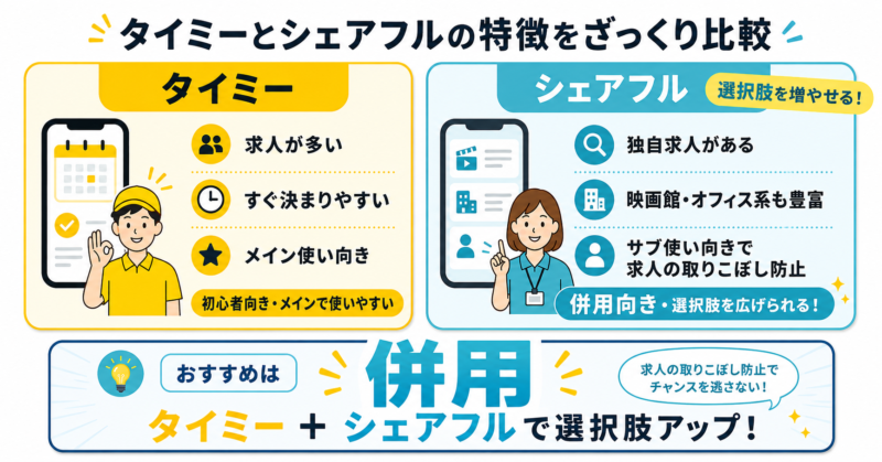タイミーとシェアフルの特徴とおすすめの使い分けを比較した図