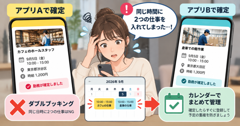 タイミーとシェアフルを掛け持ちする際のダブルブッキングと予定管理の注意点