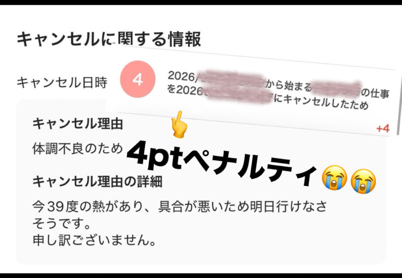 タイミーで体調不良によりキャンセルして4ポイントのペナルティが付いた実際の画面